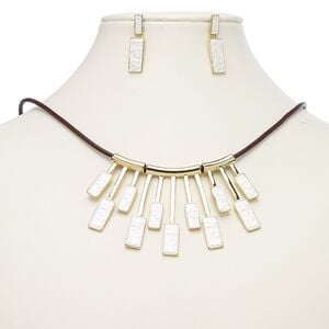 Necklace and earring set, leather (dyed) / enamel / gold-finished steel / "pewter" (zinc-based alloy), brown and white, geometric fan, 15" to 16" necklace with 2-inch extender chain and lobster claw clasp, 31.5mm earrings with post. Sold per set.