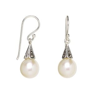 Earring, Signity&reg; marcasite (natural) / cultured freshwater pearl / antiqued sterling silver, mauve, 31x8.5mm with 8x5mm cone and 10x8.5mm teardrop with fishhook ear wire. Sold per pair.