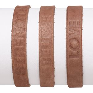 Bracelet, leather (dyed) and waxed cotton cord, brown and dark brown, 10.5mm wide with stamped "Love" / "Believe" / "Strength," adjustable from 6-1/2 to 10 inches with macram&eacute; knot closure. Sold per pkg of 3.