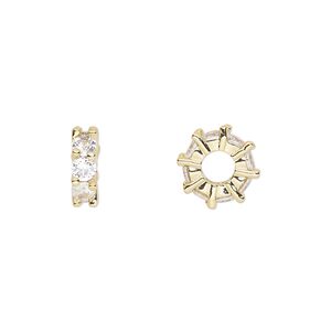 Bead 1pkg2 gold-plated, 10.5x3.5mm rondelle, brass / clear cubic zirconia