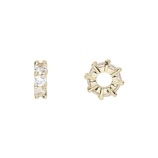 Bead 1pkg2 gold-plated, 10.5x3.5mm rondelle, brass / clear cubic zirconia image number 0