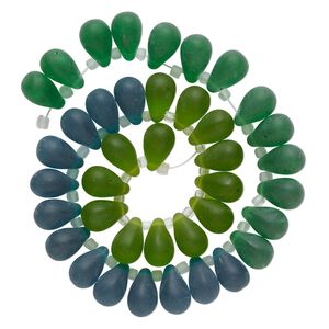Bead, glass, translucent matte light green, green and teal, 16x10mm top-drilled teardrop with irregular rondelles. Sold per 14-inch strand.