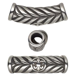 Bead 1pkg1 stainless steel, 29x12.5mm curved tube / leaves & fleur-de-lis, antiqued