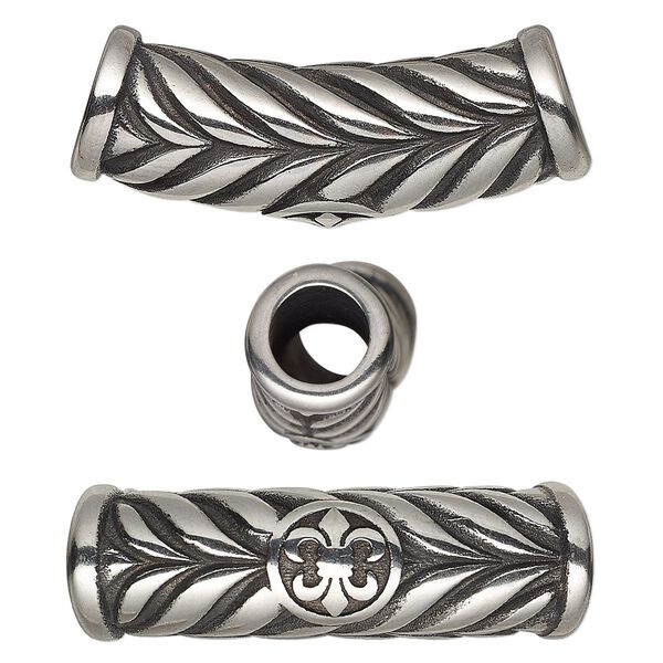 Bead 1pkg1 stainless steel, 29x12.5mm curved tube / leaves & fleur-de-lis, antiqued image number 0