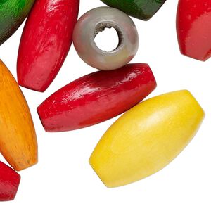 Bead mix, wood (dyed/waxed), mixed colors, 25x13mm-25x13mm barrel. Sold per 3-ounce pkg, approximately 80 beads.