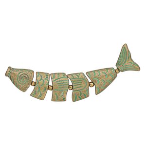 Bead 1pkg1 brass-plated "pewter", 76x19mm 2sided fish / 2mm round, copper-finished glass / antiqued green patina