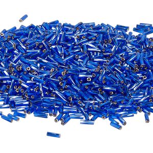 Bead, Miyuki, bugle bead, glass, pkg/250 g, 6x2mm center-drilled twisted, silver-lined translucent sapphire blue, (TW-20).