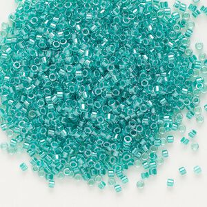 Seed bead, Delica&reg;, glass, pkg/7.5g, #11 round, translucent teal green-lined luster crystal clear (DB-0904).