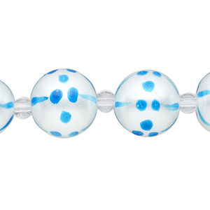 Bead, glass 1pkg8, opaque turquoise blue and white, 14mm hand-painted round.