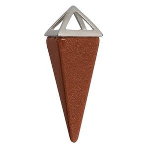 Focal, brown goldstone (man-made) and imitation rhodium-finished "pewter" (zinc-based alloy), 36x15mm-42x15mm 4-sided point. Sold individually.