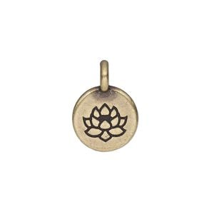 Drop, TierraCast&reg;, antique brass-plated pewter (tin-based alloy), 11.5mm single-sided round with lotus. Sold per pkg of 2.