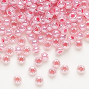 Seed bead, Miyuki, glass, pkg/250g, #6 rocaille, opaque carnation pink luster alabaster (RR-535).
