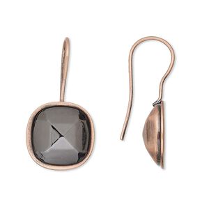 Ear wire fishhook 1pkg4 Almost Instant Jewelry&reg; antique copper-plated, 28x14mm / 12mm cushion glue-in setting, 20 gauge brass 2 pair