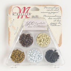 Eyelet assortment 1pkg500, brass, mixed colors, 5mm round with 3mm depth.