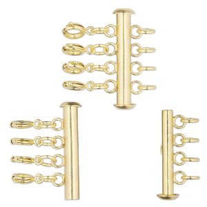 Clasp slide lock 1pkg1, 26.5x6mm round tube / 5mm jumpring / springring, gold-finished brass 4-strand