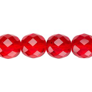 Bead, Czech fire-polished glass, pkg/15-1/2 to 16 inches, 12mm faceted round, transparent light red, (90080).