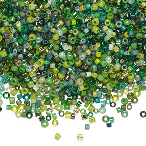 Seed bead mix, glass, 1pkg25g, #15 to #11 round, opaque and translucent multi-green