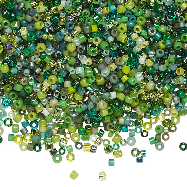 Seed bead mix, glass, 1pkg25g, #15 to #11 round, opaque and translucent multi-green image number 0