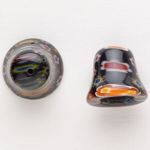Cord end 1pkg2 millefiori glass, 17-18mm bell / 10.5-10.8mm inside diameter, translucent black / red / white