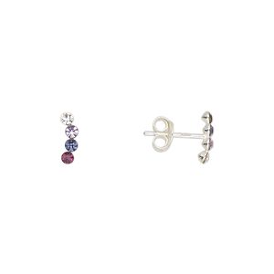 Earstud sterling silver / Preciosa crystal 1pkg2, 8.5x2.5mm right- and left-facing curved bar / earnuts included, Create Compliments&reg; multicolored 1 pair