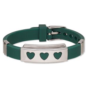 Bracelet, Softique&trade;, silicone and stainless steel, green, 16mm wide with 39x16mm rectangle and cutout hearts, adjustable from 5-1/2 to 7-1/2 inches with buckle-style closure. Sold individually.