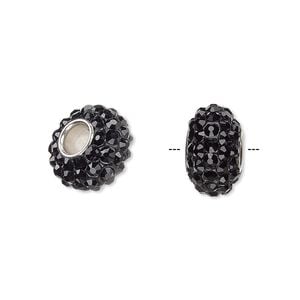 Bead 1pkg1 imitation rhodium-plated, 13x8mm-14x8mm rondelle, brass / glass rhinestone / epoxy / black Dione&reg;