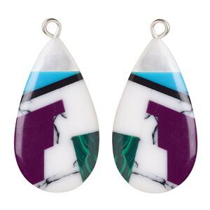 Drop, mother-of-pearl shell / resin / silver-finished copper 1pkg2, multicolored, 28x16mm single-sided right- and left-facing flat teardrop.