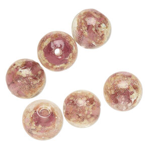 Bead, lampworked glass, clear / purple / glow-in-the-dark / gold, 12mm round. Sold per pkg of 6.