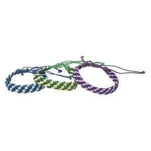 Bracelet, cotton, multicolored, 12mm wide, woven, adjustable from 7-9 inches with macram&eacute; knot closure. Sold per pkg of 3.