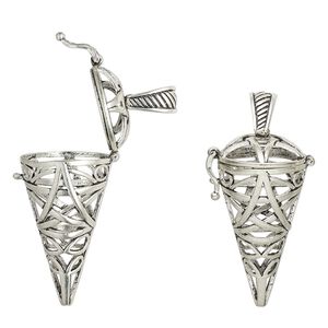 Focal, antique silver-finished brass, 43x22mm cone bead cage with cutout star design and safety latch, fits up to 12-18mm bead. Sold individually.