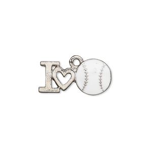 Charm, enamel and nickel-plated pewter (tin-based alloy), white, 21x10.5mm single-sided "I heart baseball." Sold individually.