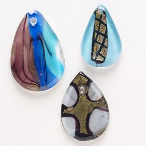 Random focal mix, lampworked glass, pkg/3, translucent mixed colors with silver-colored foil and copper-colored glitter, 39x25mm-51x40mm random flat teardrop.