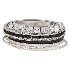 Bracelet, bangle and stretch, enamel / glass / glass rhinestone / imitation rhodium-finished steel, black and clear, 3-10mm wide with cupchain, 7-1/2 to 8 inches. Sold per 5-piece set.