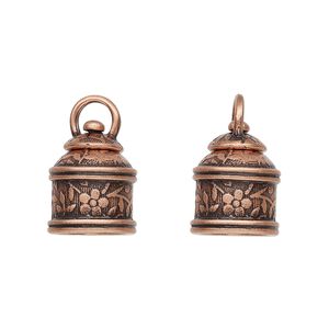 Cord end glue-in 1pkg2 copper-plated, 15x12mm swivel tube / flower & leaves design / 9.5mm inside diameter, brass / antiqued / JBB Findings