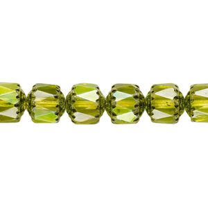 Bead, Czech dipped d&eacute;cor glass, lime green Apollo AB, 8mm round cathedral. Sold per 15-1/2" to 16" strand.
