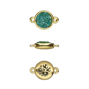 Link, Druzylite&trade;, "druzy" (resin) and gold-finished brass, green, 9.5mm two-sided round with open filigree back. Sold per pkg of 4.