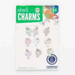 Drop, mother-of-pearl shell (dyed) and steel 1pkg9, orange / purple / green, 13x10mm cross.