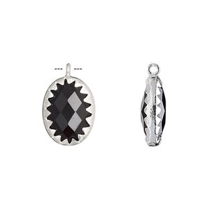 Drop, black onyx (dyed) and sterling silver, 15x11mm double-sided faceted oval. Sold individually.