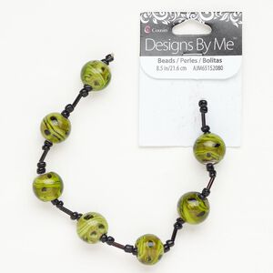 Lampworked glass 1pkg7, round bead green / black / white 13-14mm