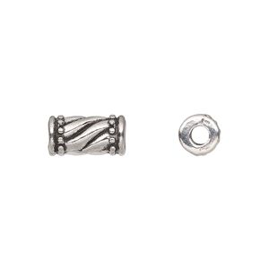 Bead, antique silver-finished "pewter" (zinc-based alloy), 10.5x5.5mm round tube with beaded twisted design. Sold per pkg of 20.