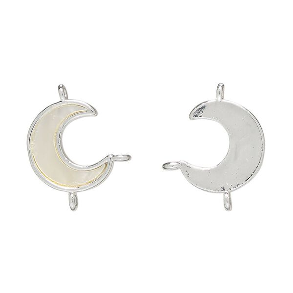 Link, brass / mother-of-pearl shell (bleached) / glass rhinestone, 14x12mm moon 1pkg2, silver finish / white / clear image number 0