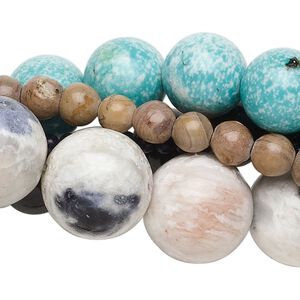 Multi-gemstone / glass 1pkg5, round bead 15 inch mix 3-16mm