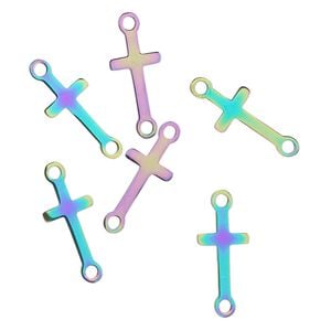 Link, electro-coated stainless steel, rainbow, 15x8mm double-sided cross. Sold per pkg of 6.