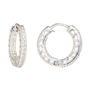 Earring, Create Compliments&reg;, sterling silver and cubic zirconia, clear, 21mm hinged round hoop with open heart design. Sold per pair.