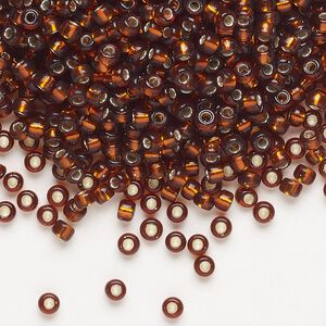 Seed bead, Miyuki, glass, pkg/250g, #8 rocaille, transparent silver-lined dark topaz (RR-5).