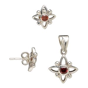 Sterling silver and faceted garnet pendant and earring set, flower pattern, 14mm/12mm. (Natural) Pkg of one-3 piece set.