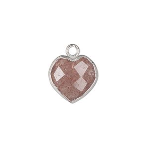 Drop 1pkg1, sterling silver / silver-plated copper / strawberry quartz (natural), 13x12mm hand-cut faceted puffed heart
