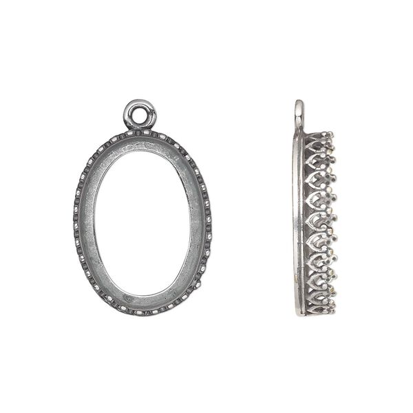 Drop, JBB Findings, antique silver-plated brass, 20x15mm oval with decorative trim, 18x13mm oval bezel setting. Sold per pkg of 2. image number 0