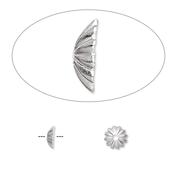 Bead cap, silver-plated brass, 6x1.5mm ribbed round, fits 6-8mm bead. Sold per pkg of 1,000. image number 0
