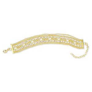 Bracelet, 7-strand, glass rhinestone / gold-finished brass / steel / "pewter" (zinc-based alloy), clear, 20mm wide, 6-1/2 inches with 2-1/2 inch extender chain and lobster claw clasp. Sold individually.
